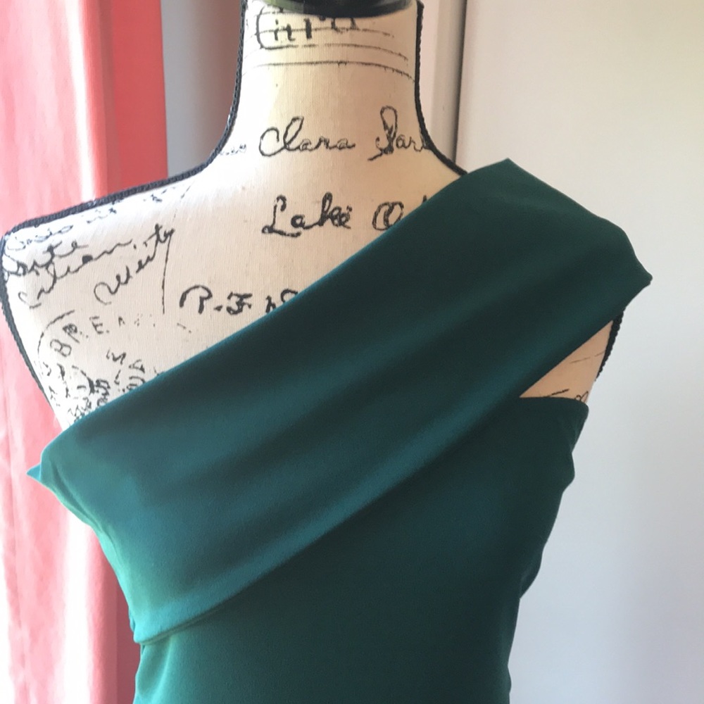 Teal fitted high low, one shoulder wrap dress